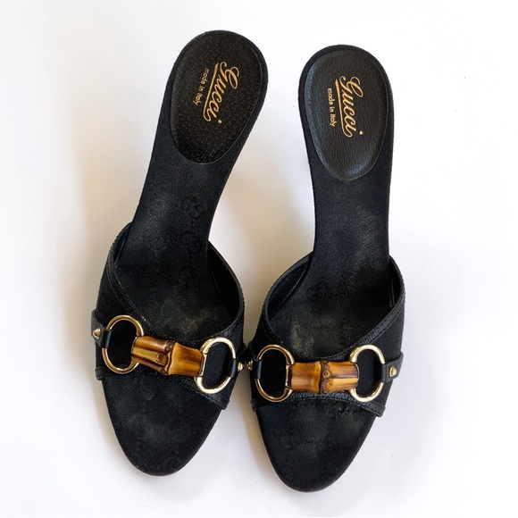 Gucci Women's Black Leather & Bamboo Straw Bit Open Toe Sandal Heel Size 8B - Picture 1 of 11